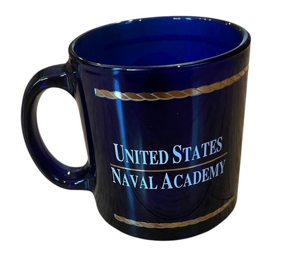 U.S. NAVAL ACADEMY Mug Cobalt Blue Gold Trim Glass United States 3.75” Tall